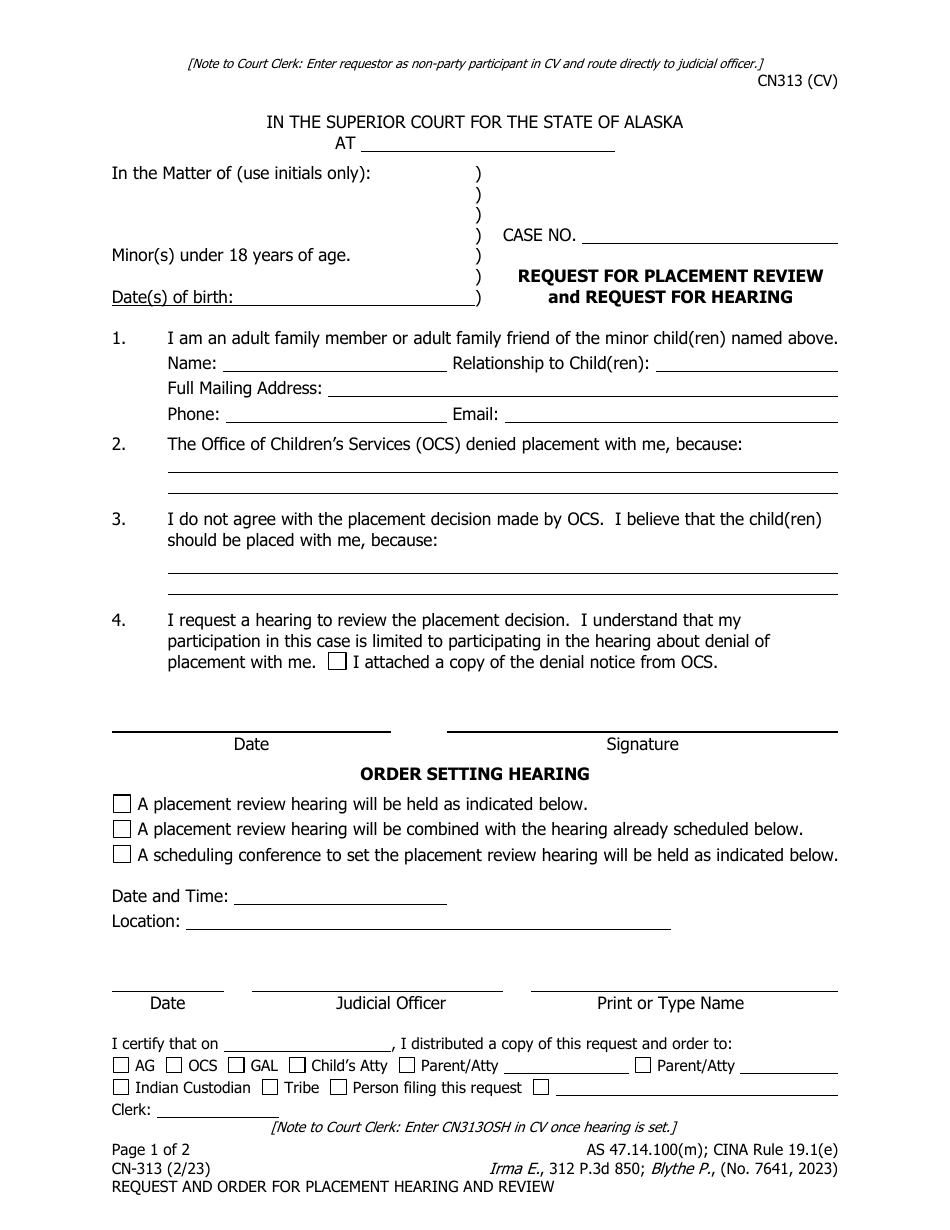 Form CN-313 Request for Placement Review and Request for Hearing - Alaska, Page 1
