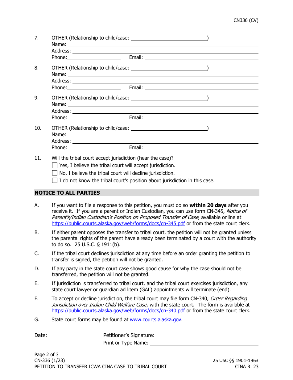 Form CN-336 Petition to Transfer Icwa Cina Case to Tribal Court - Alaska, Page 2