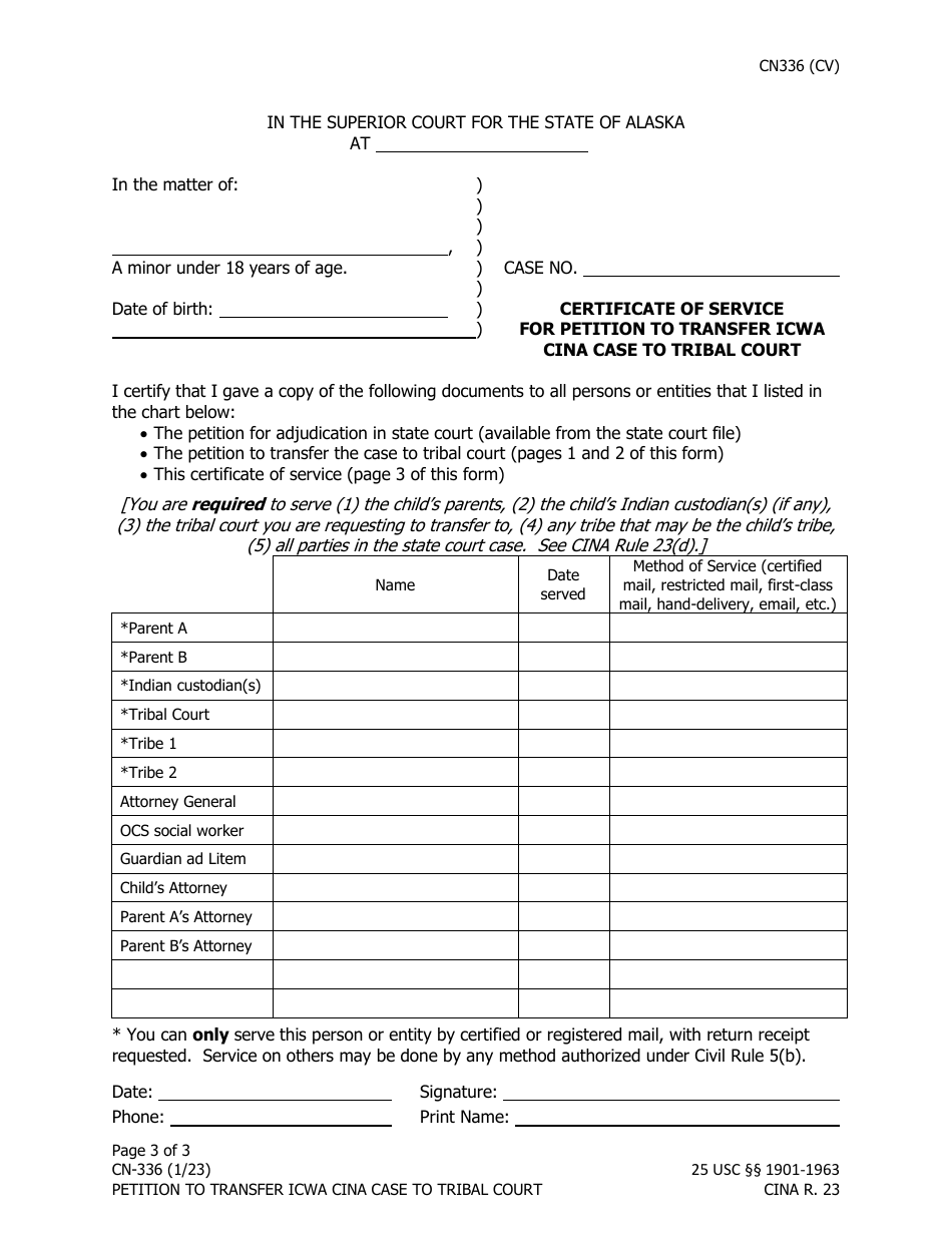 Form CN-336 Petition to Transfer Icwa Cina Case to Tribal Court - Alaska, Page 3