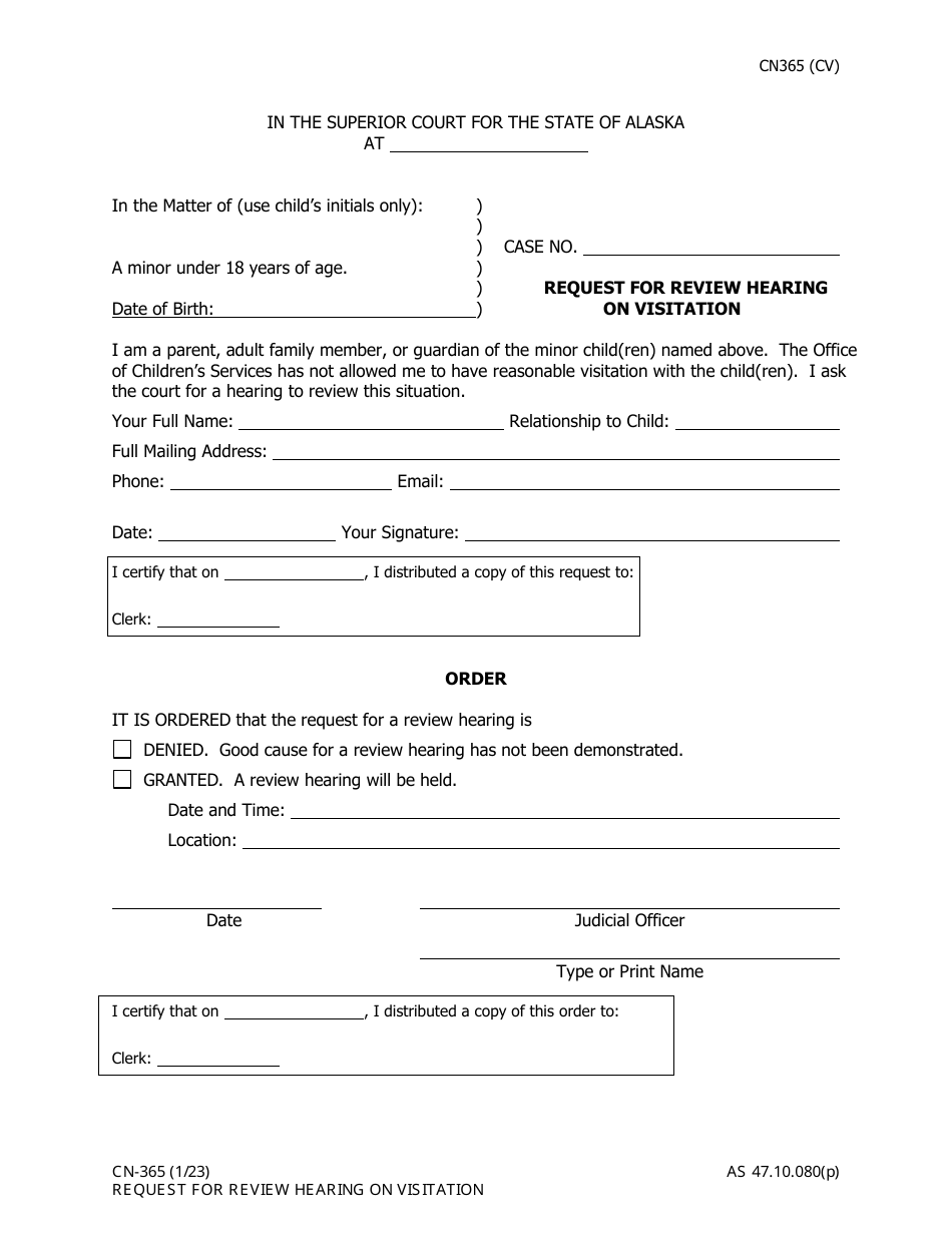 Form CN-365 Request for Review Hearing on Visitation - Alaska, Page 1