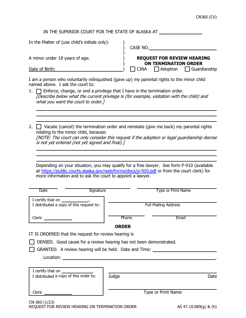 Form CN-360 Request for Review Hearing on Termination Order - Alaska