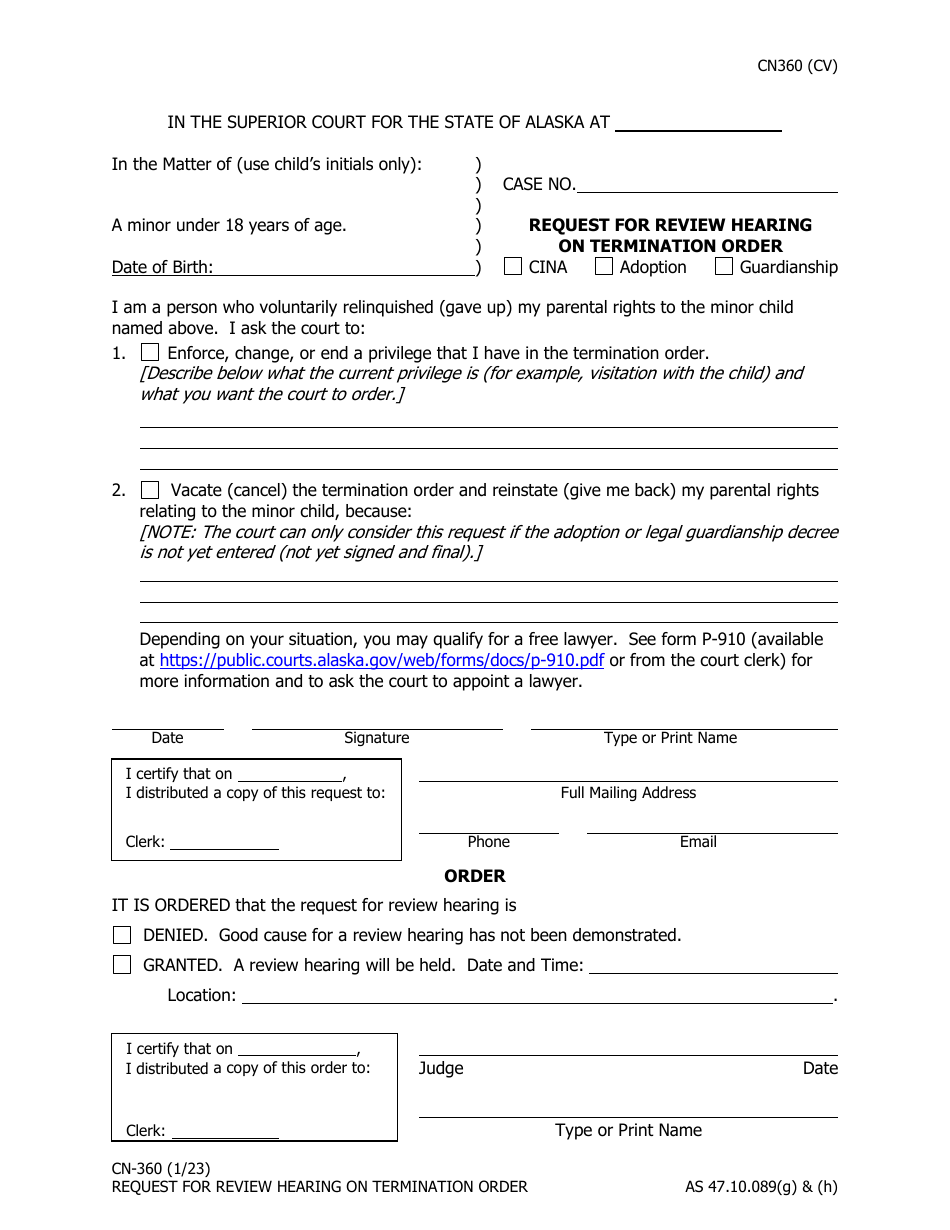 Form CN-360 Request for Review Hearing on Termination Order - Alaska, Page 1