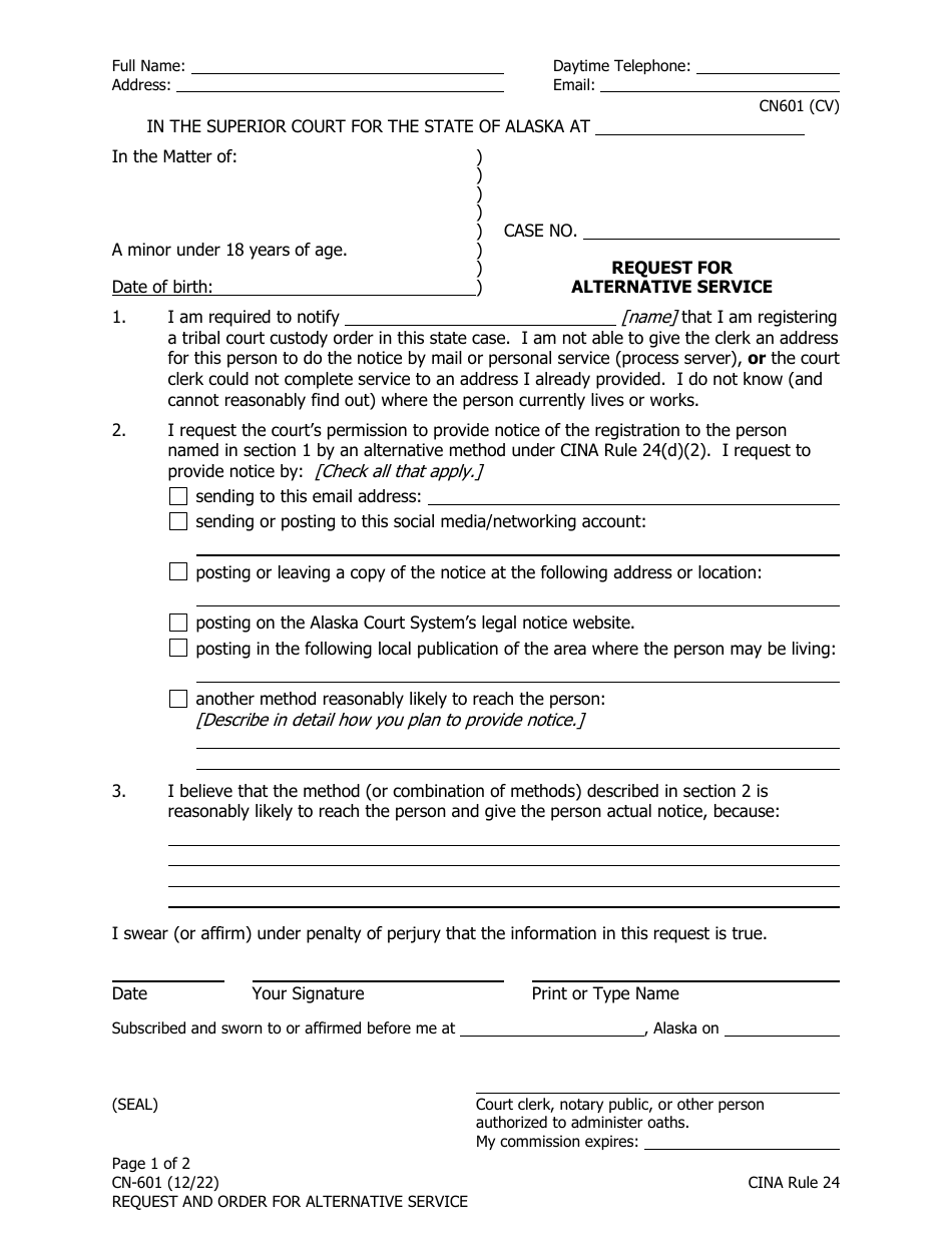 Form CN-601 Request and Order for Alternative Service - Alaska, Page 1
