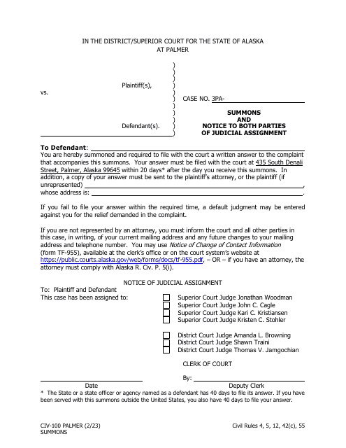 Form CIV-100 PALMER Summons and Notice to Both Parties of Judicial Assignment - Alaska