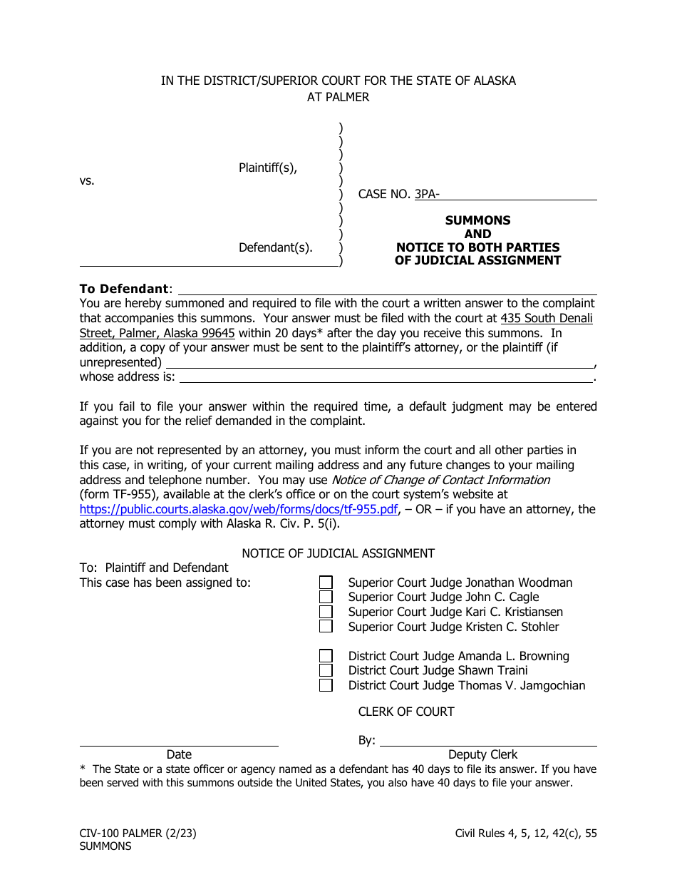 Form CIV-100 PALMER Summons and Notice to Both Parties of Judicial Assignment - Alaska, Page 1