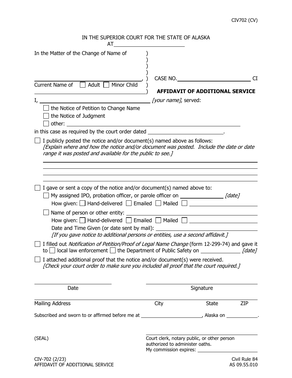 Form Civ Download Fillable Pdf Or Fill Online Affidavit Of Additional Service Alaska