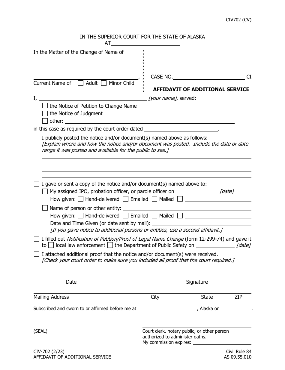 Form CIV-702 Affidavit of Additional Service - Alaska, Page 1