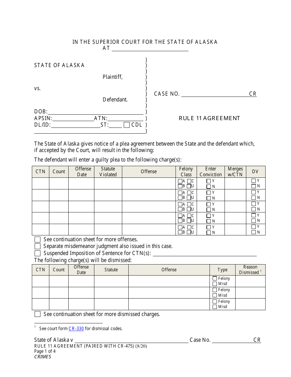 Form CR-475 Rule 11 Agreement - Alaska, Page 1