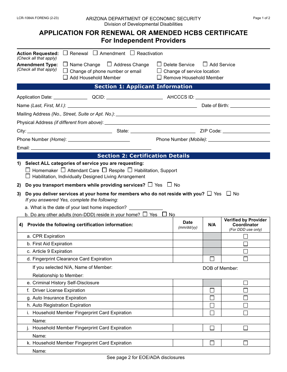 Form LCR-1084A Application for Renewal or Amended Hcbs Certificate for Independent Providers - Arizona, Page 1
