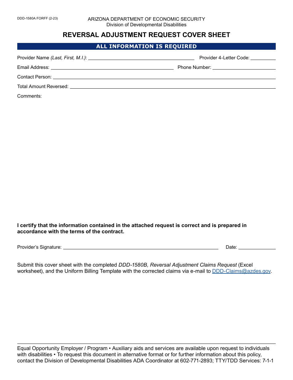 Form DDD-1580A Reversal Adjustment Request Cover Sheet - Arizona, Page 1