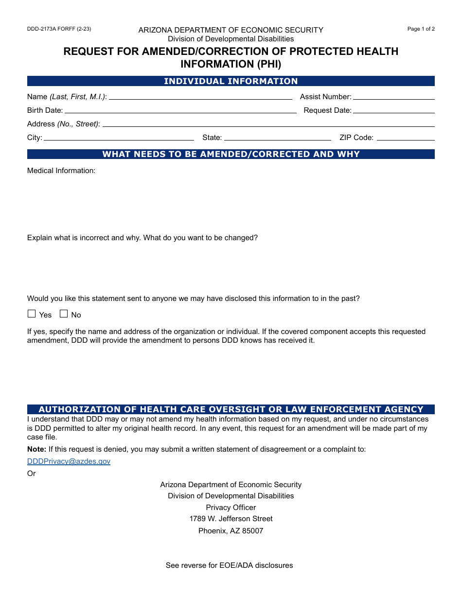 Form DDD-2173A Request for Amended / Correction of Protected Health Information (Phi) - Arizona, Page 1