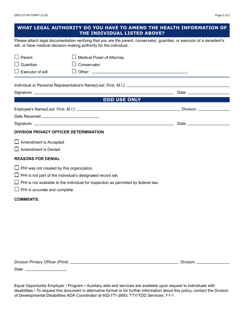 Form DDD-2173A Request for Amended / Correction of Protected Health Information (Phi) - Arizona, Page 2