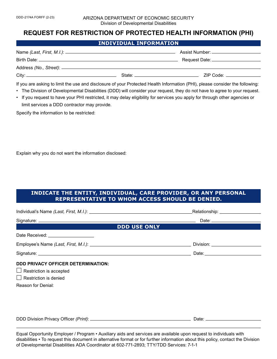 Form DDD-2174A Request for Restriction of Protected Health Information (Phi) - Arizona, Page 1