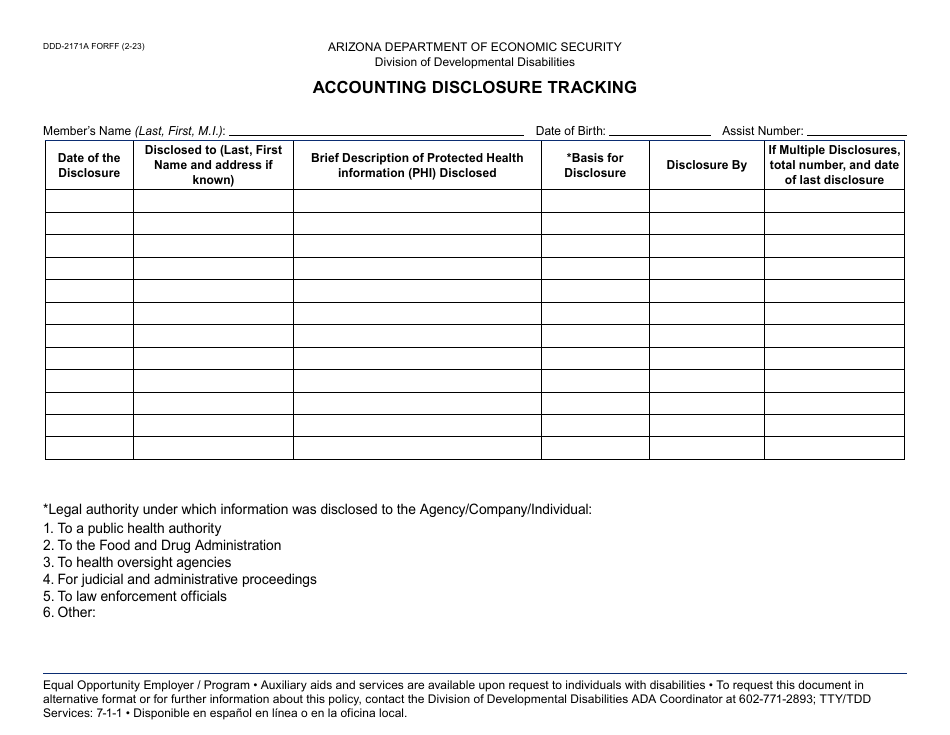Form DDD-2171A Accounting Disclosure Tracking - Arizona, Page 1