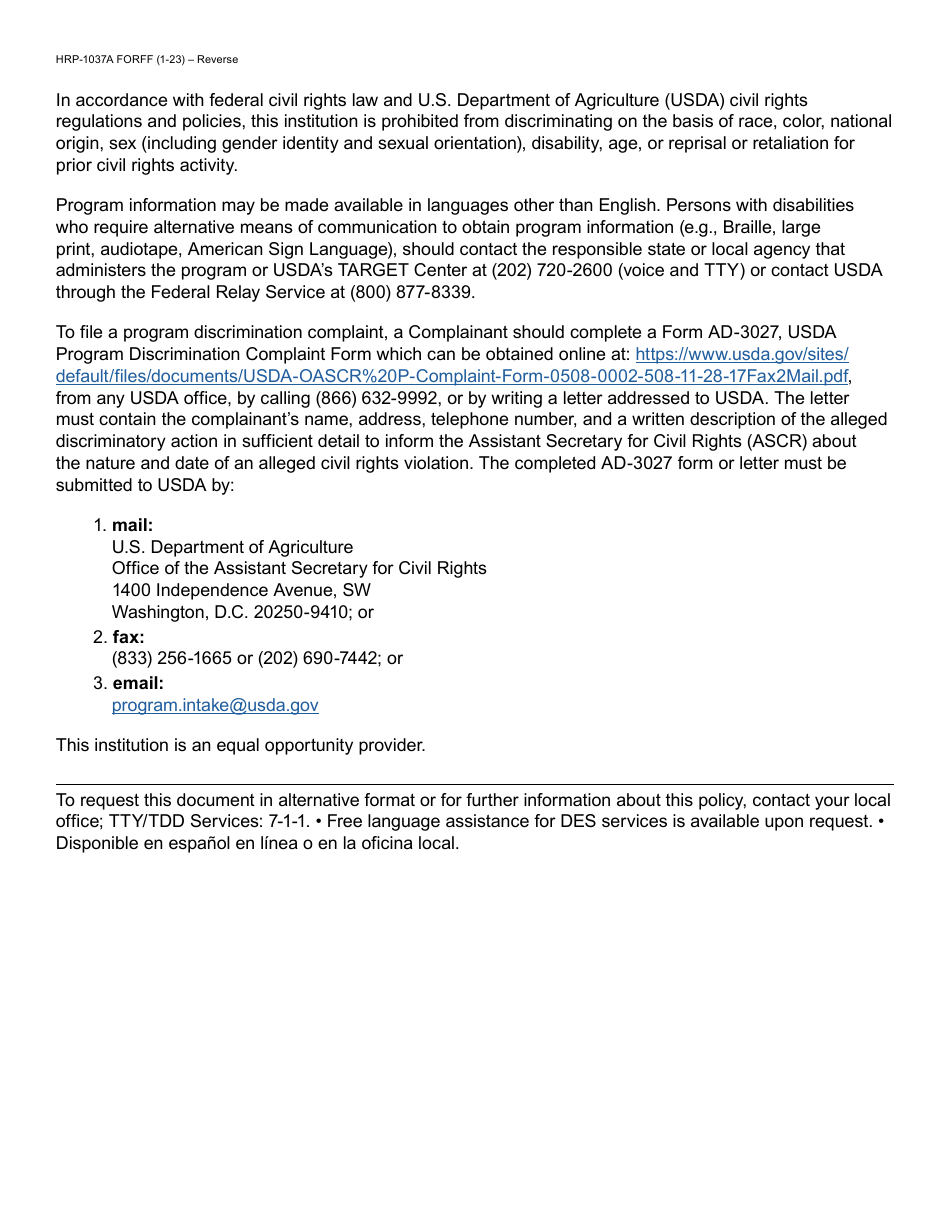 Form HRP-1037A Commodity Senior Food Program (Csfp) Recertification Notice - Arizona, Page 2