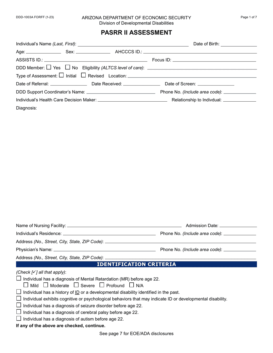 Form DDD-1003A Pasrr II Assessment - Arizona, Page 1