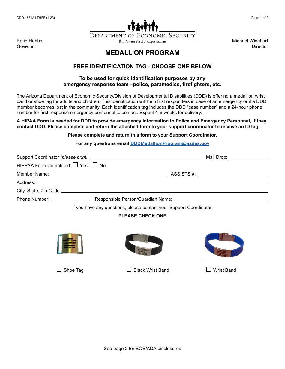 Form DDD-1551A Order Form - Medallion Program - Arizona, Page 1