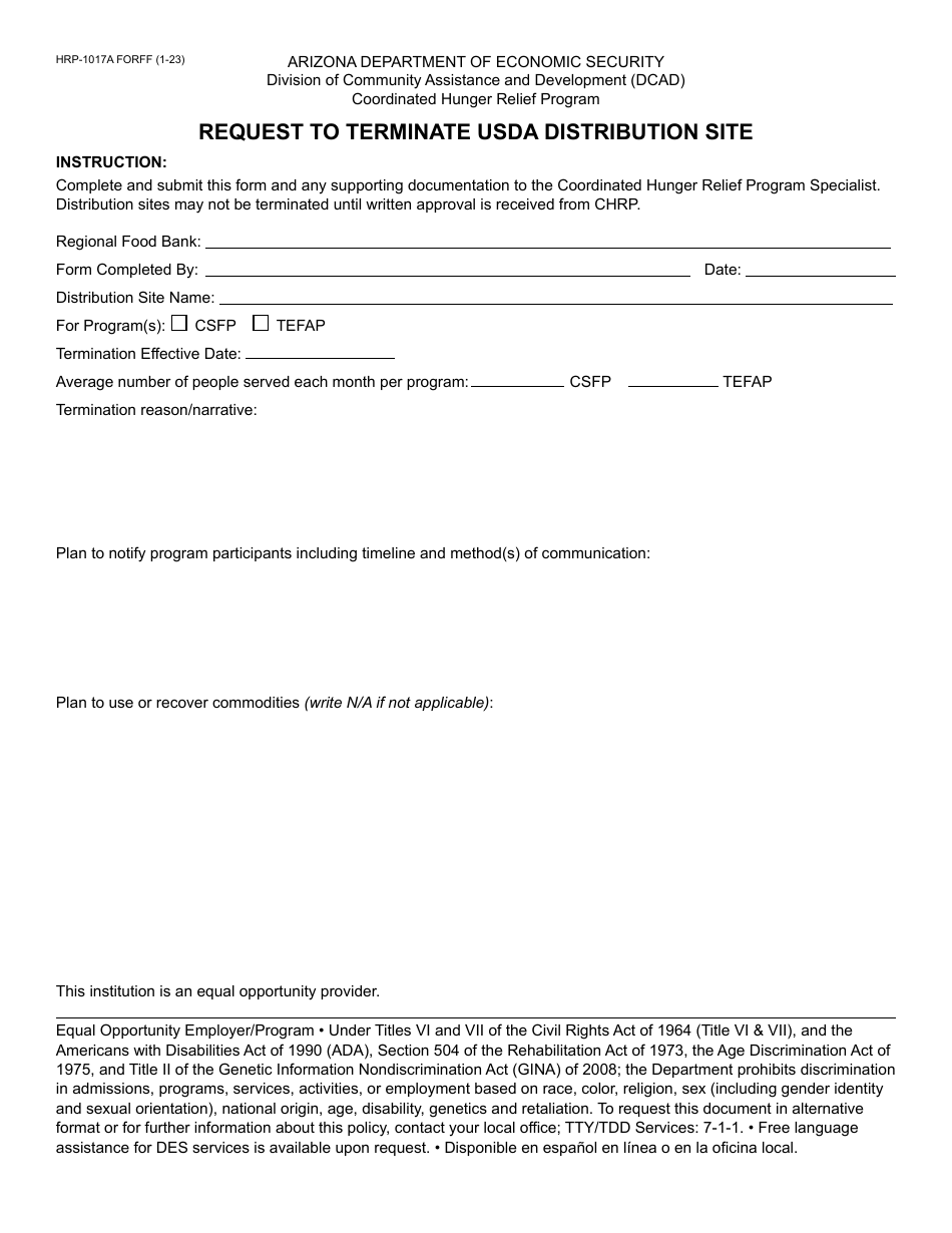Form HRP-1017A Request to Terminate Usda Distribution Site - Arizona, Page 1