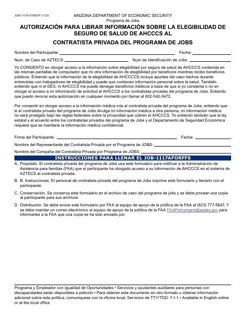 Formulario JOB-1117A-S Autorizacion Para Librar Informacion Sobre La Elegibilidad De Seguro De Salud De Ahcccs Al Contratista Privada Del Programa De Jobs - Arizona (Spanish)