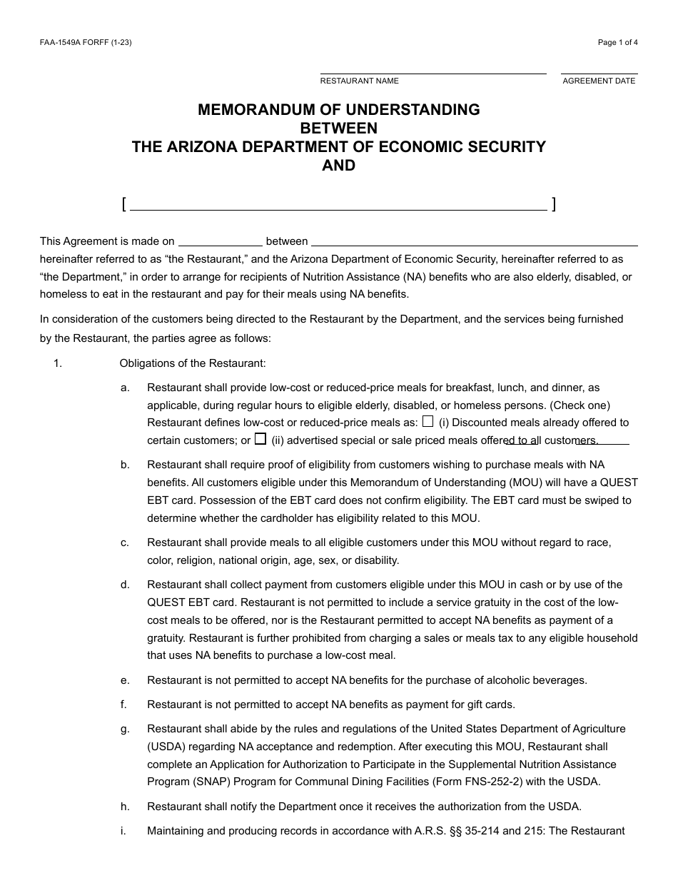 Form FAA-1549A Memorandum of Understanding - Merchant Restaurant Meals Program - Arizona, Page 3