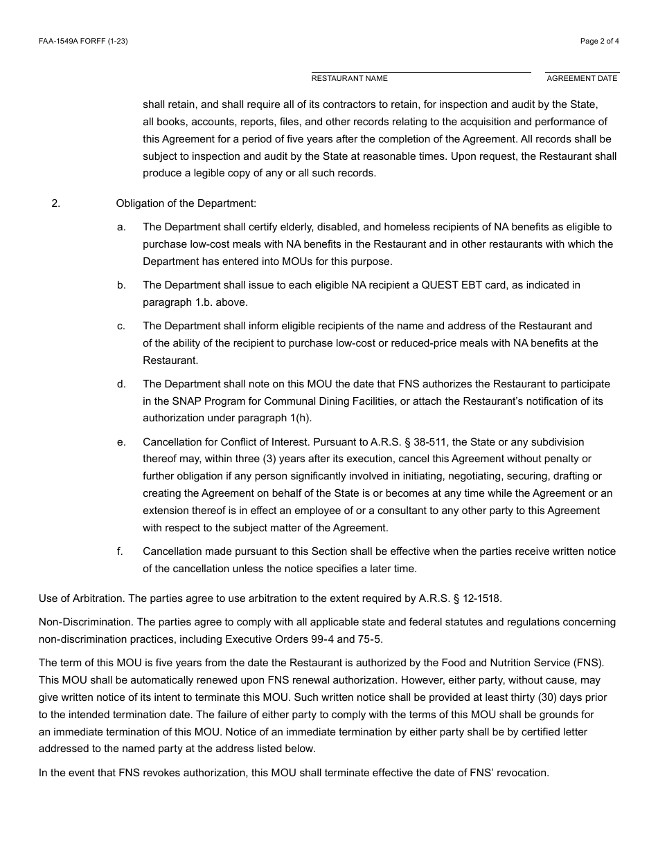 Form FAA-1549A Memorandum of Understanding - Merchant Restaurant Meals Program - Arizona, Page 4