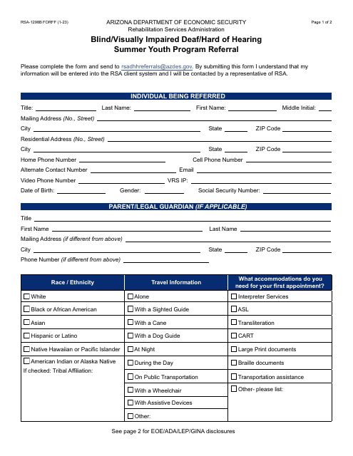Form RSA-1298B Blind/Visually Impaired Deaf/Hard of Hearing Summer Youth Program Referral - Arizona