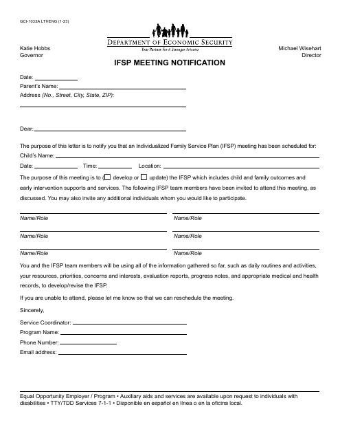 Form GCI-1033A Ifsp Meeting Notification - Arizona