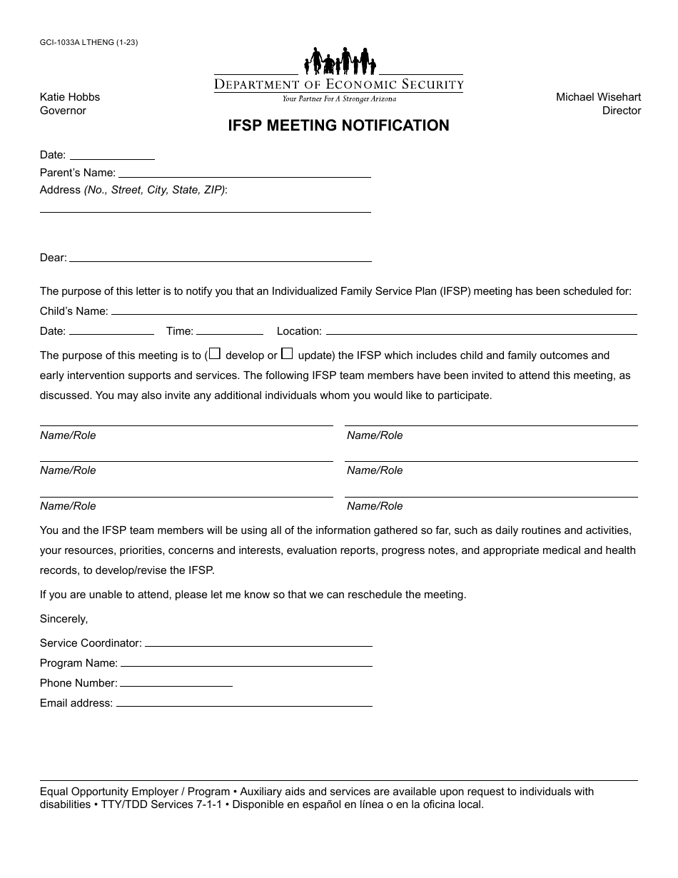 Form GCI-1033A Ifsp Meeting Notification - Arizona, Page 1