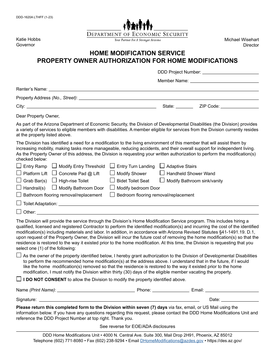 Form DDD-1620A Home Modification Service Property Owner Authorization for Home Modifications - Arizona, Page 1