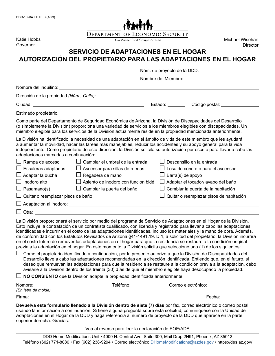 Formulario DDD-1620A-S Servicio De Adaptaciones En El Hogar Autorizacion Del Propietario Para Las Adaptaciones En El Hogar - Arizona (Spanish), Page 1