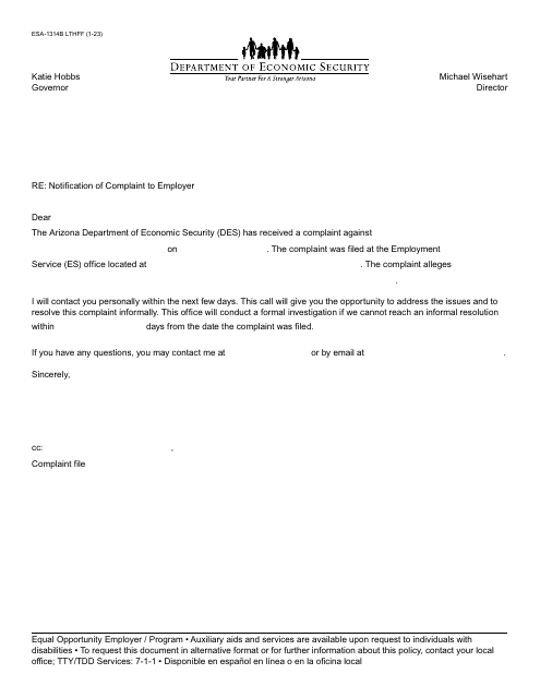 Form ESA-1314B  Printable Pdf