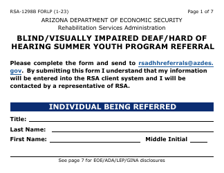 Document preview: Form RSA-1298B-LP Blind/Visually Impaired Deaf/Hard of Hearing Summer Youth Program Referral (Large Print) - Arizona