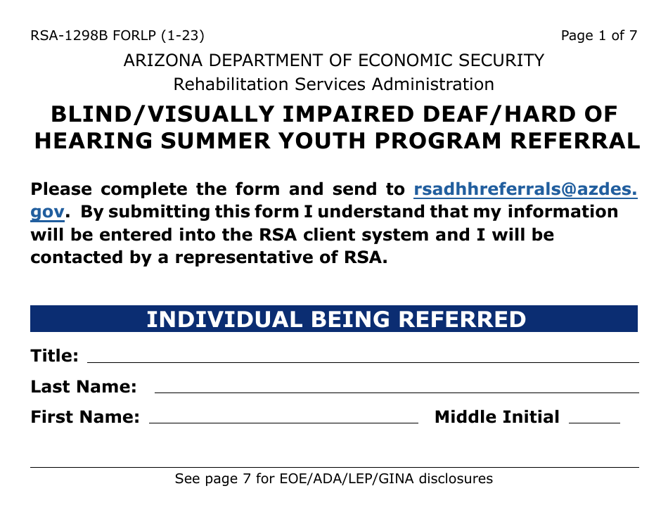 Form RSA-1298B-LP Blind / Visually Impaired Deaf / Hard of Hearing Summer Youth Program Referral (Large Print) - Arizona, Page 1