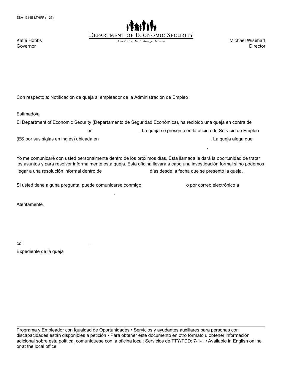 Formulario ESA-1314B-S Notificacion De Queja Al Empleador - Arizona (Spanish), Page 1