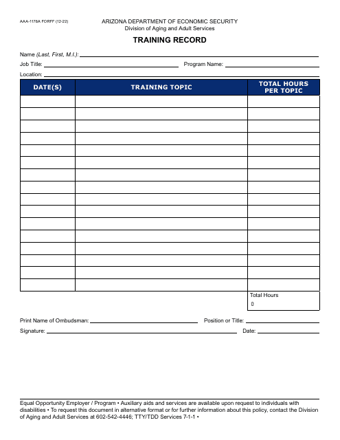 Form AAA-1178A Training Record - Arizona