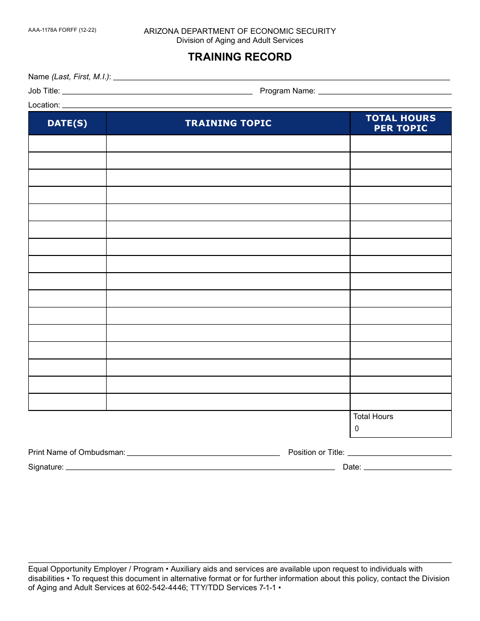 Form AAA-1178A Training Record - Arizona, Page 1