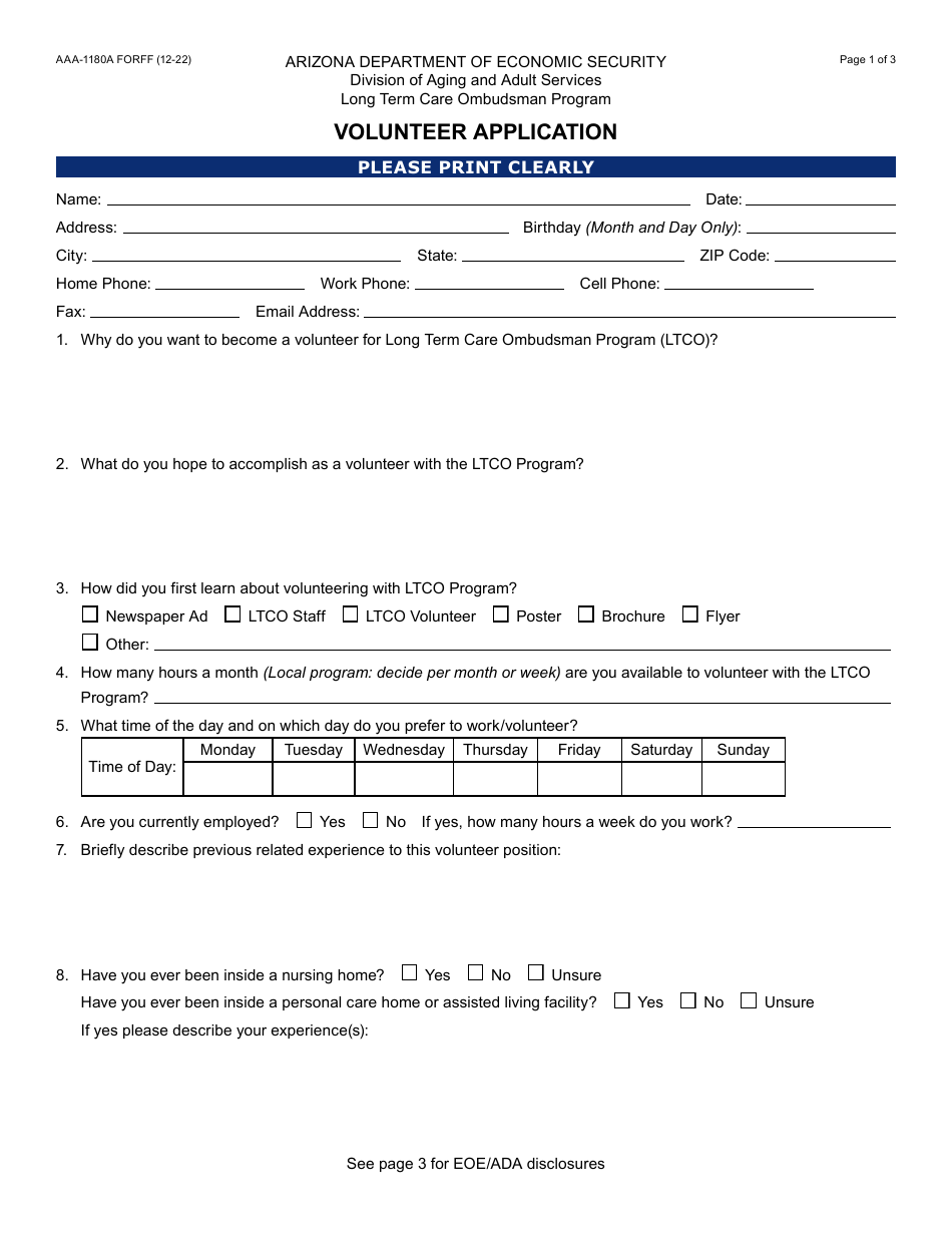 Form AAA-1180A Volunteer Application - Arizona, Page 1