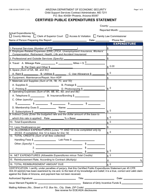 Form CSE-0016A Certified Public Expenditures Statement - Arizona