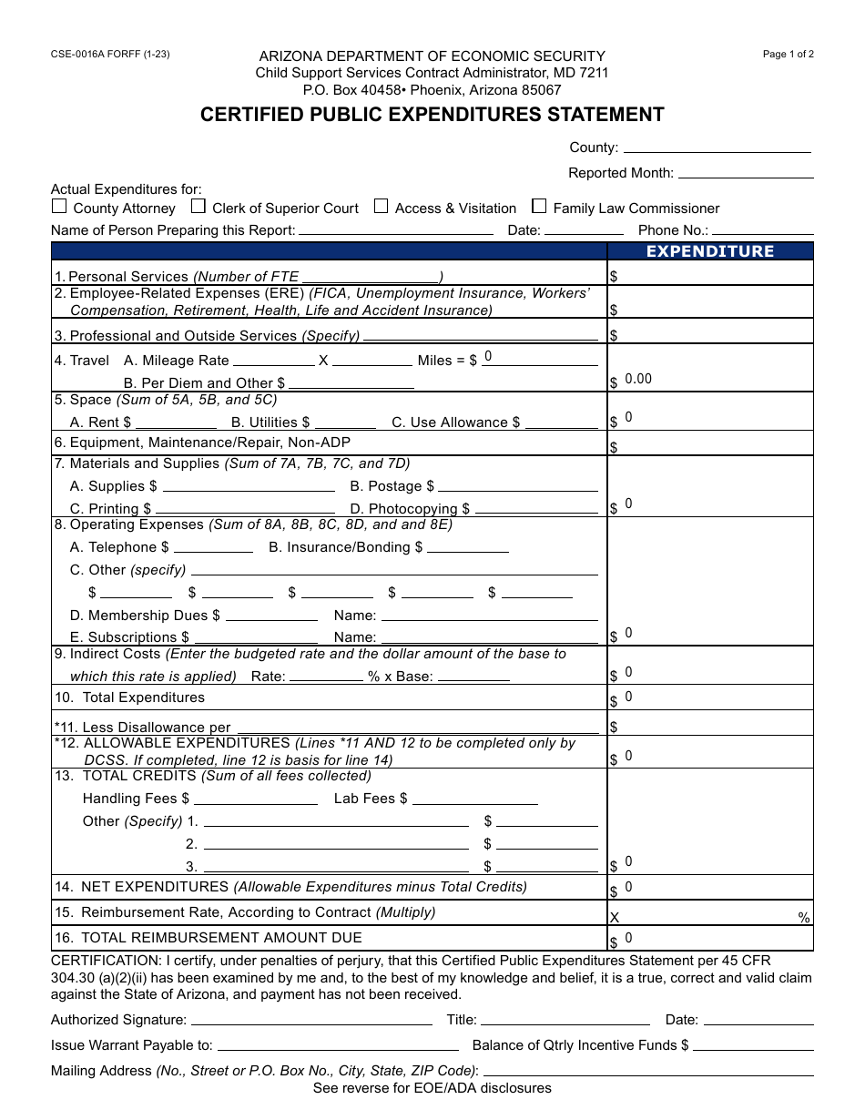 Form CSE-0016A Certified Public Expenditures Statement - Arizona, Page 1