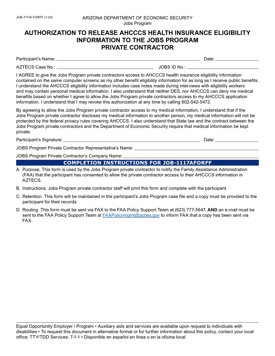 Form JOB-1117A Authorization to Release Ahcccs Health Insurance Eligibility Information to the Jobs Program Private Contractor - Arizona, Page 1