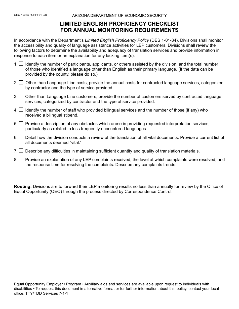 Form OEO-1005A Limited English Proficiency Checklist for Annual Monitoring Requirements - Arizona, Page 1
