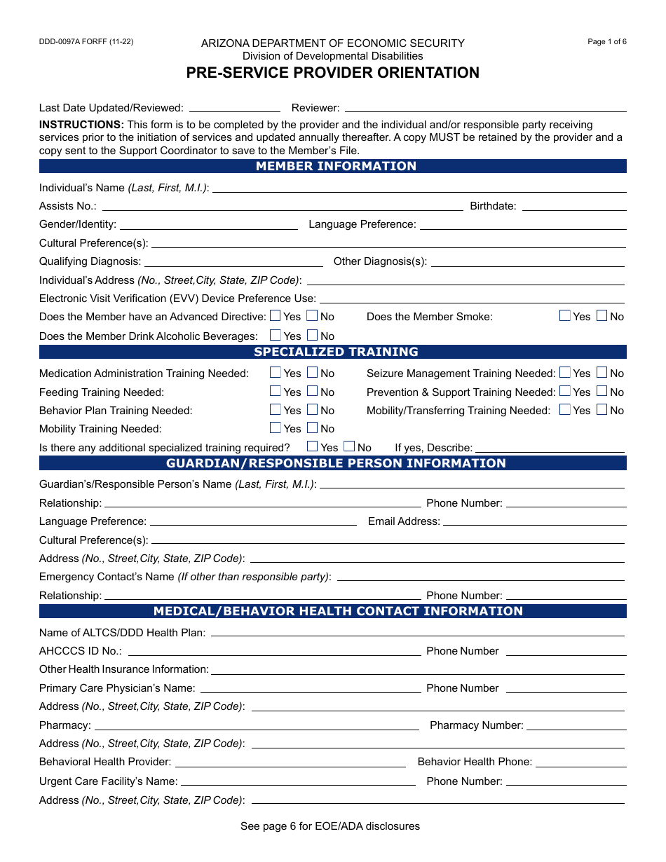Form DDD-0097A Pre-service Provider Orientation - Arizona, Page 1