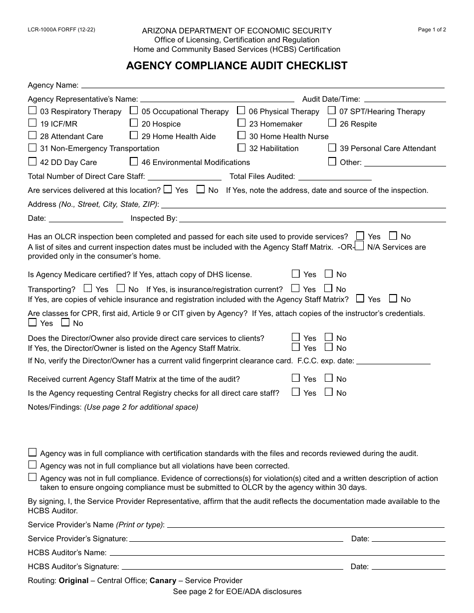 Form LCR-1000A Agency Compliance Audit Checklist - Arizona, Page 1