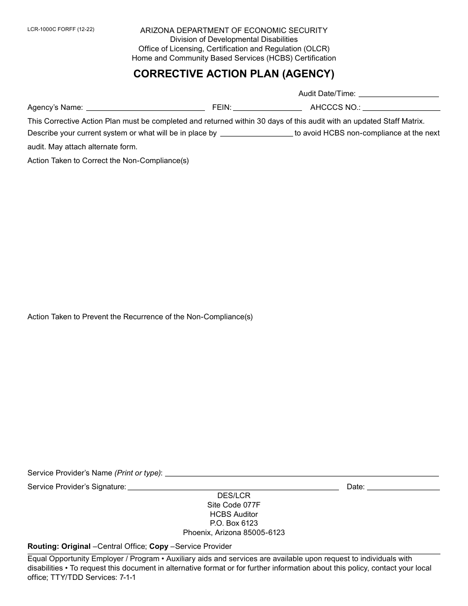 Form LCR-1000C Corrective Action Plan (Agency) - Arizona, Page 1