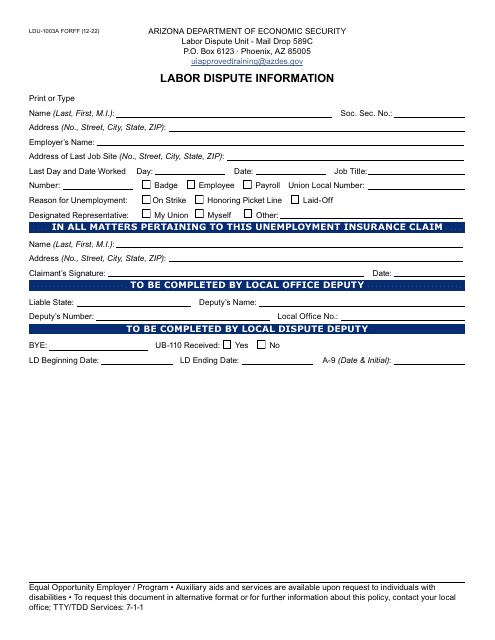 Form LDU-1003A Labor Dispute Information - Arizona