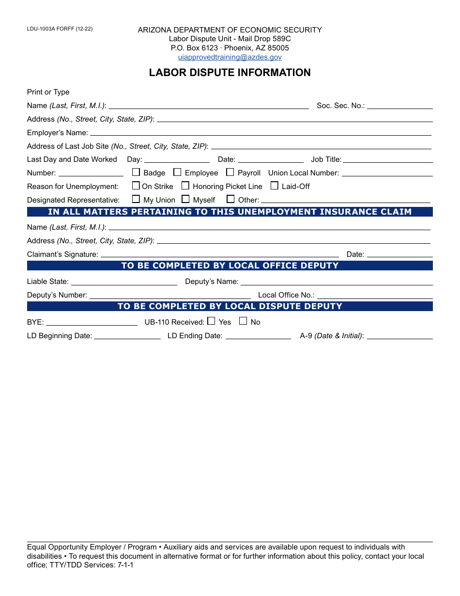 Form LDU-1003A Labor Dispute Information - Arizona, Page 1