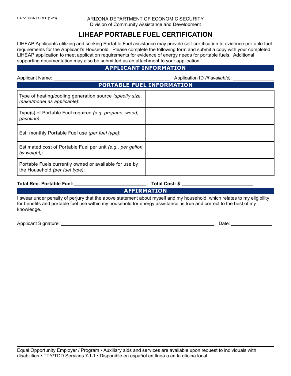 Form EAP-1006A Liheap Portable Fuel Certification - Arizona, Page 1