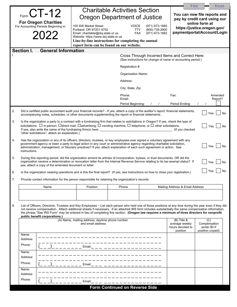 Form CT-12 Charitable Activities Form for Oregon Charities - Oregon, Page 1