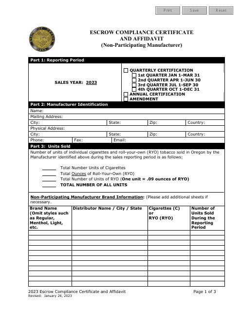 Escrow Compliance Certificate and Affidavit (Non-participating Manufacturer) - Oregon, 2023