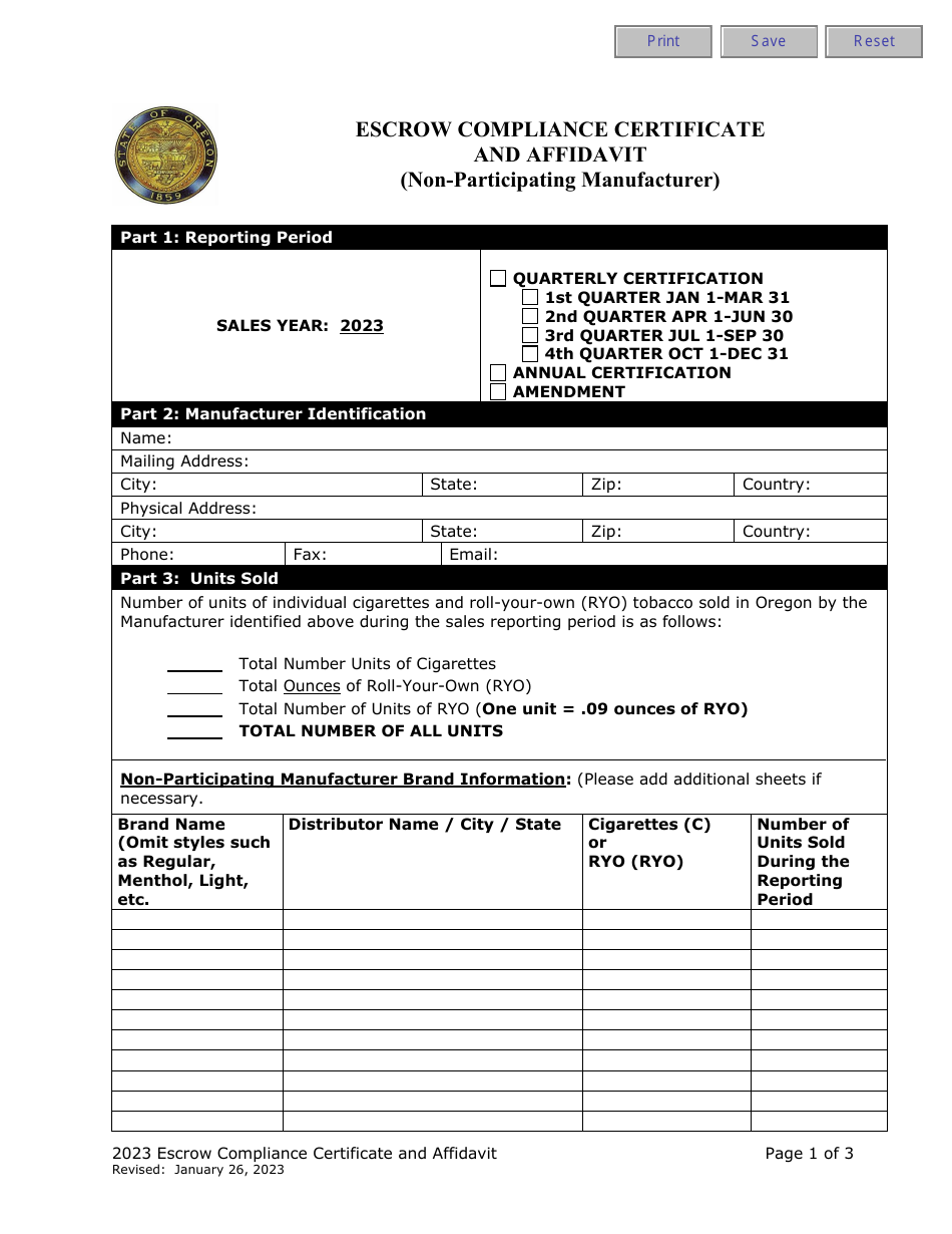 Escrow Compliance Certificate and Affidavit (Non-participating Manufacturer) - Oregon, Page 1